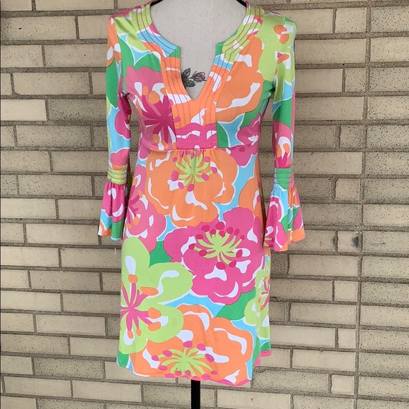 Lilly Pulitzer Retro Pink Blue Multi Color Floral V-neck Bell Sleeve Dress - Picture 2 of 11